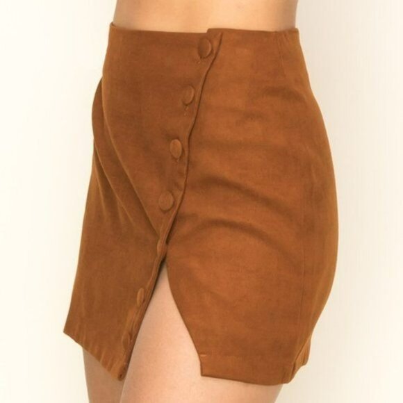 Slit Sides Button Mini Skirt High Waist Mini Brown - Picture 3 of 5